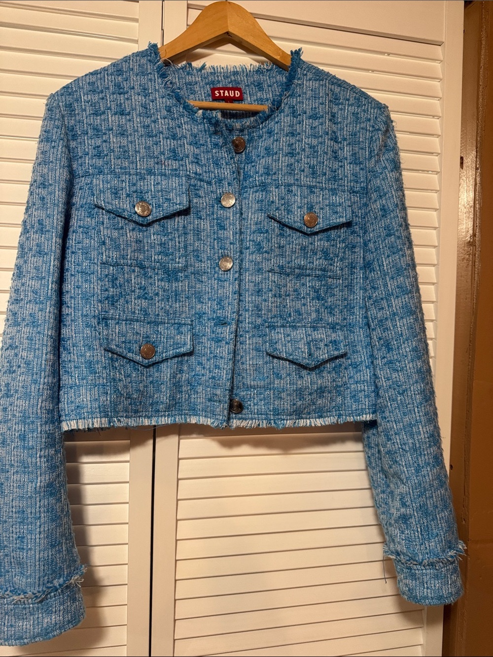 STAUD Light Blue Tweed Cropped Blazer
